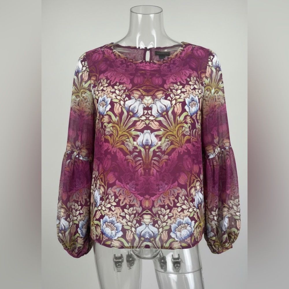 INVESTMENTS L Burgundy Floral Blouse | Long Sleeve Chiffon Top Size L